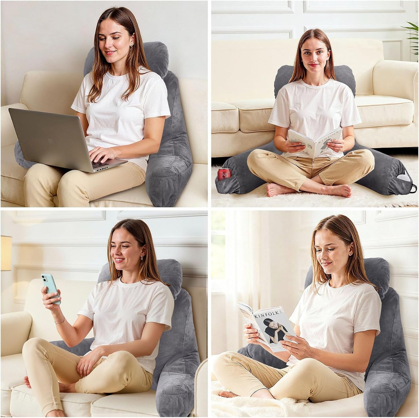 OAISZ Reading Pillow for Sitting in Bed with Shredded Memory Foam, Grey | 19-Inch Back Pillow for Sitting Up in Bed, Extended Arms, Side Pockets, Supportive Adjustable Pillow Removable Washable Cover