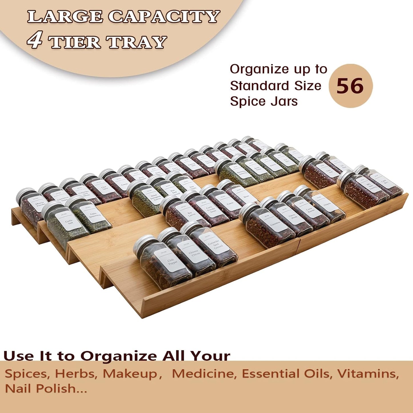 Bamboo Spice Rack Drawer Organizer - 8 Pieces Set- 7" Wide Per Piece - Combine Pieces Into 14" Wide Rack (7" or 14")