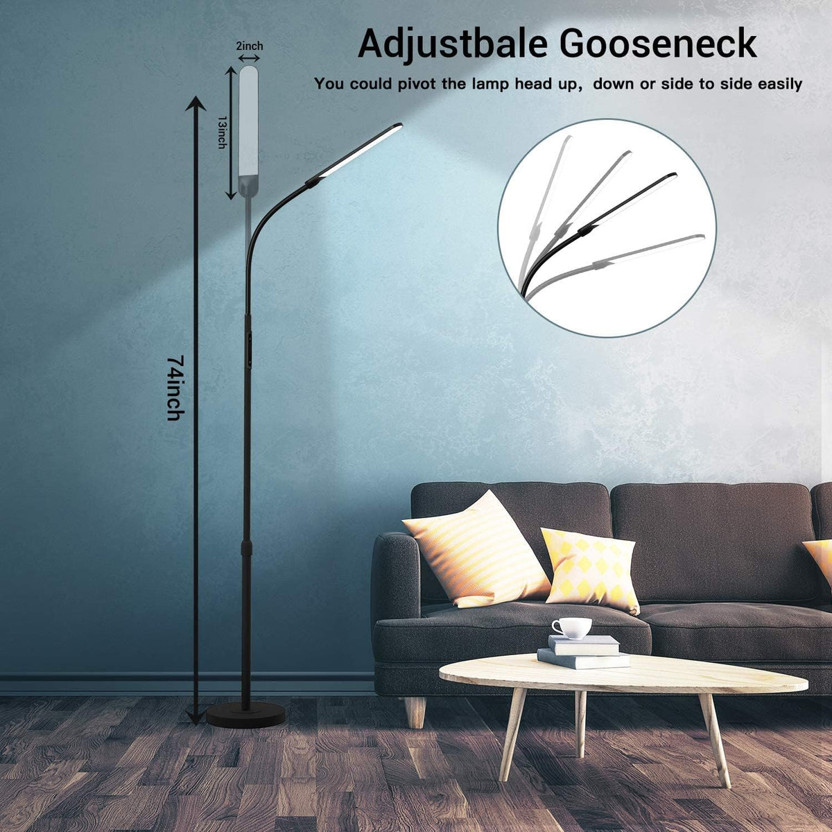 NXONE Led Floor Lamp,Modern Reading Adjustable Standing Height 4 Colors and Stepless Brightness Work Lamp for Living Room Bedroom Reading, Black