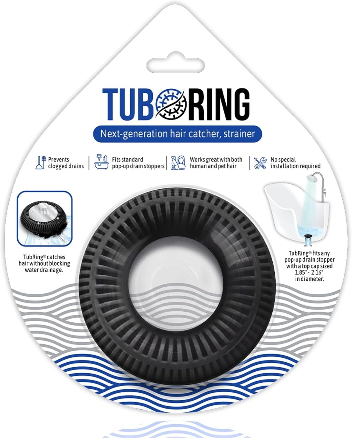 TubRing Pop-Up Drain Protector & Strainer Silicone Hair Catcher, Aqua | Easy snap-in design fits around bathtub stoppers. Customizable utility guard for clog prevention. Fits 1.85"- 2.16" drains.