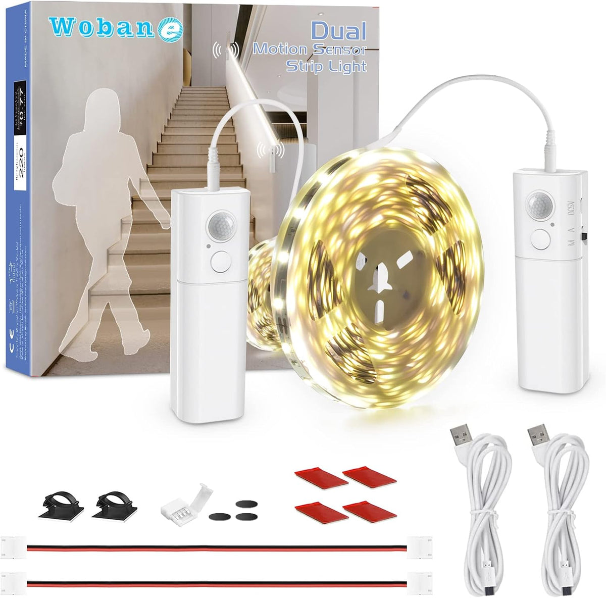 WOBANE Motion Sensor Stair Strip Lights,Rechargeable LED Closet Light,White