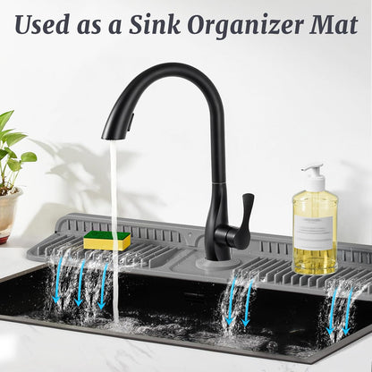 PoYang 24 Inch Faucet Mat for Kitchen Sink Splash Guard, Silicone, Black | Sink Protectors with 7° Slope for Smooth Drainage, Snap Button Holds It in Place, 90° Foldable & Cuttable Hole Fit Most Sinks