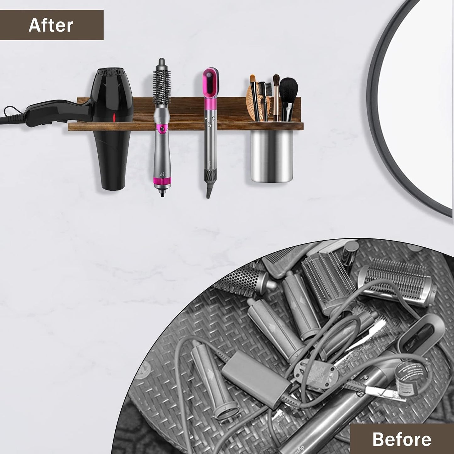 Hair Tool Organizer Wall Mounted - Wooden Dryer Holder, Blow Dryer Holder for Bathroom, Rustic Styling Tools Organizer for Flat Iron, Curling Wand, Hair Straighteners, Brushes, Black