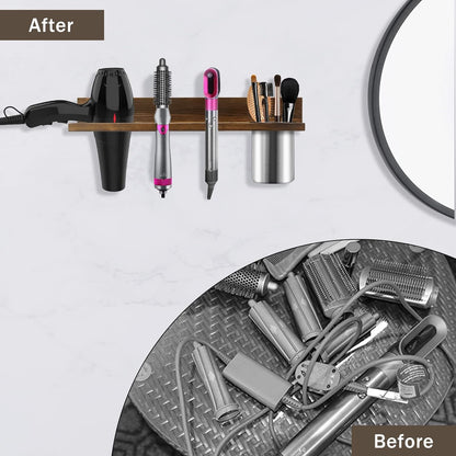 Hair Tool Organizer Wall Mounted - Wooden Dryer Holder, Blow Dryer Holder for Bathroom, Rustic Styling Tools Organizer for Flat Iron, Curling Wand, Hair Straighteners, Brushes, Black