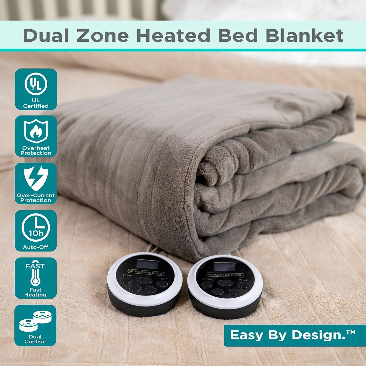 Black+Decker Heated Blanket Electric Throw, Fleece Electric Blanket, Heating Blanket with 4 Heating Levels, 3H Timer, Auto Shutoff, Fast Heating (50x60 inches, Grey)