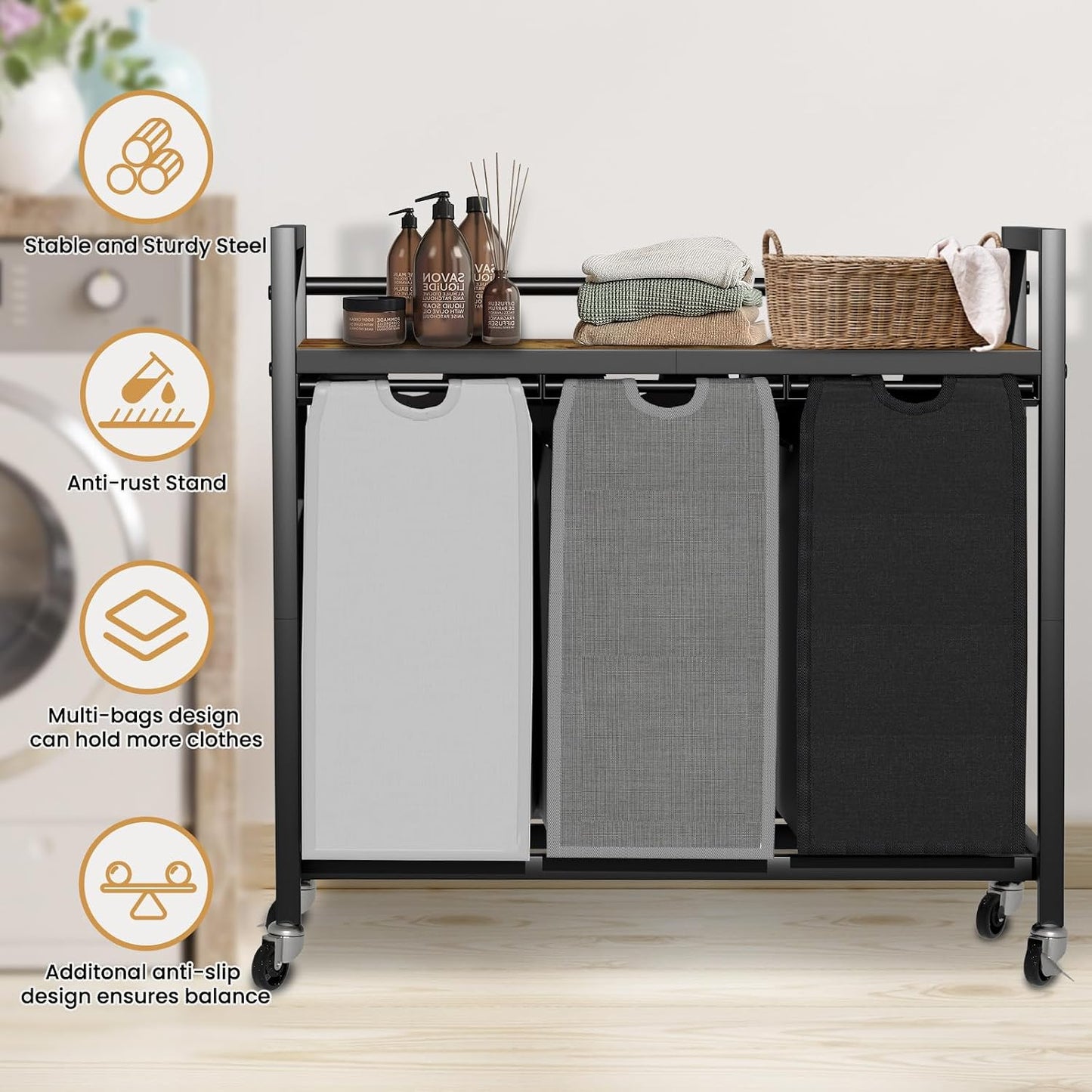 SwaaVee Laundry Sorter, Laundry Hamper 3 Section, 3×11.4Gal, Metal Frame Rolling Laundry Basket with Wooden Top Shelf, Pull out and Removable Laundry Bags, 3 Bags-Black