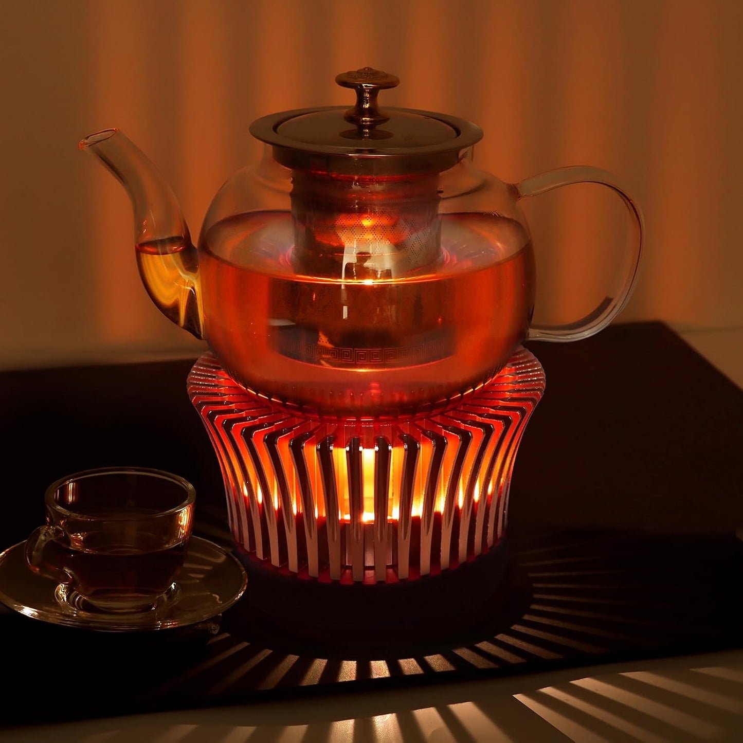 Tea Warmer, Aluminum Alloy & Wood, for Heating Tea Coffee Milk | Magnolia Flower Design, Golden, Short Teapot Warmer for Indoor & Outdoor