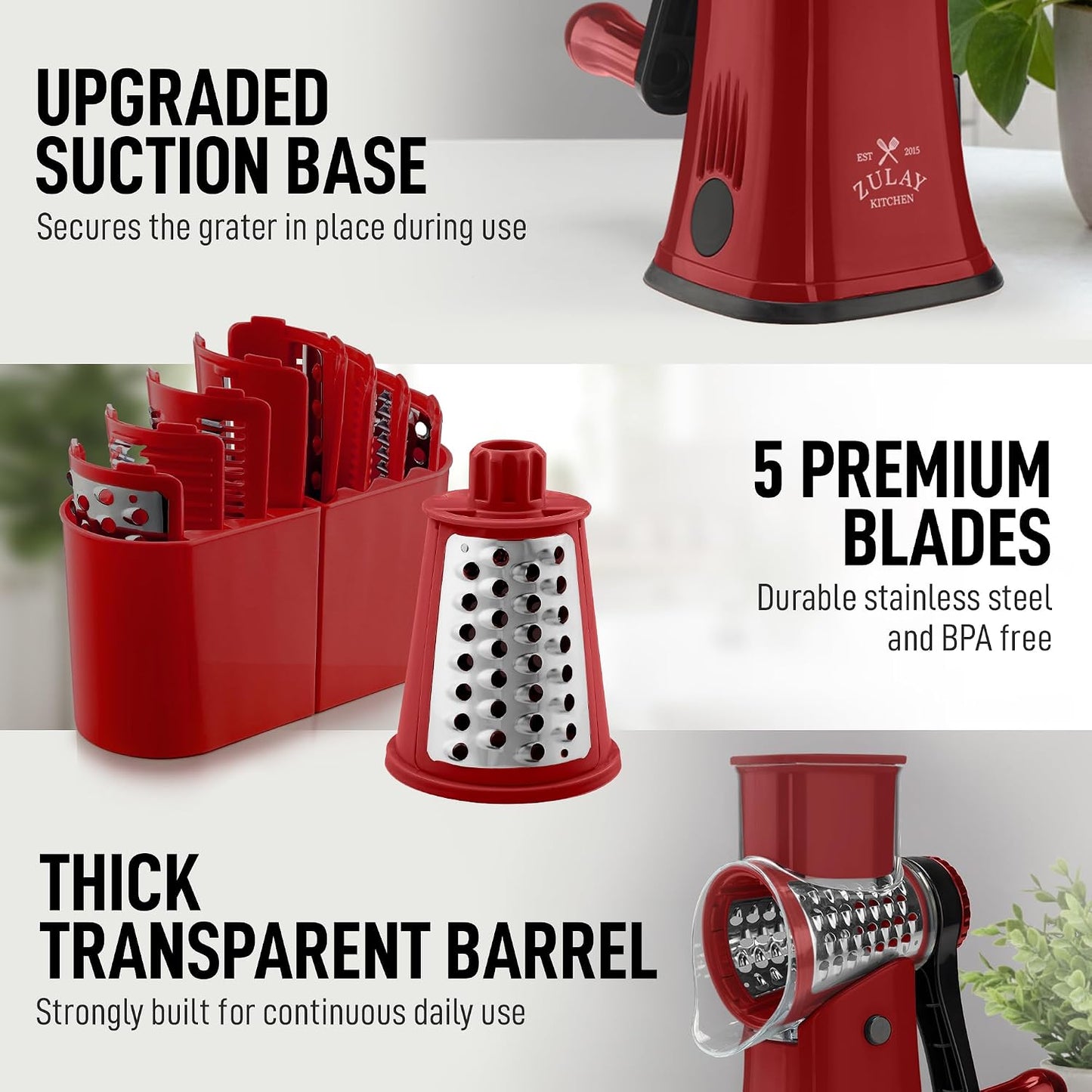 Zulay Kitchen Rotary Cheese Grater 5 Blade Cheese Shredder - Manual Hand Crank Cheese Grater With Reinforced Suction & 5 Interchangeable Drums - Easy to Use, Vegetable Chopper Round Mandoline Slicer - Colors A