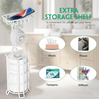 TomCare Toilet Paper Holder Free Standing with Shelf, Stable 4 Raised Feet | Stores 4 Mega Rolls, Tool-Free Assembly, Powder-Coated Metal Frame, Bathroom Storage Organizer for Spare Rolls, Silver