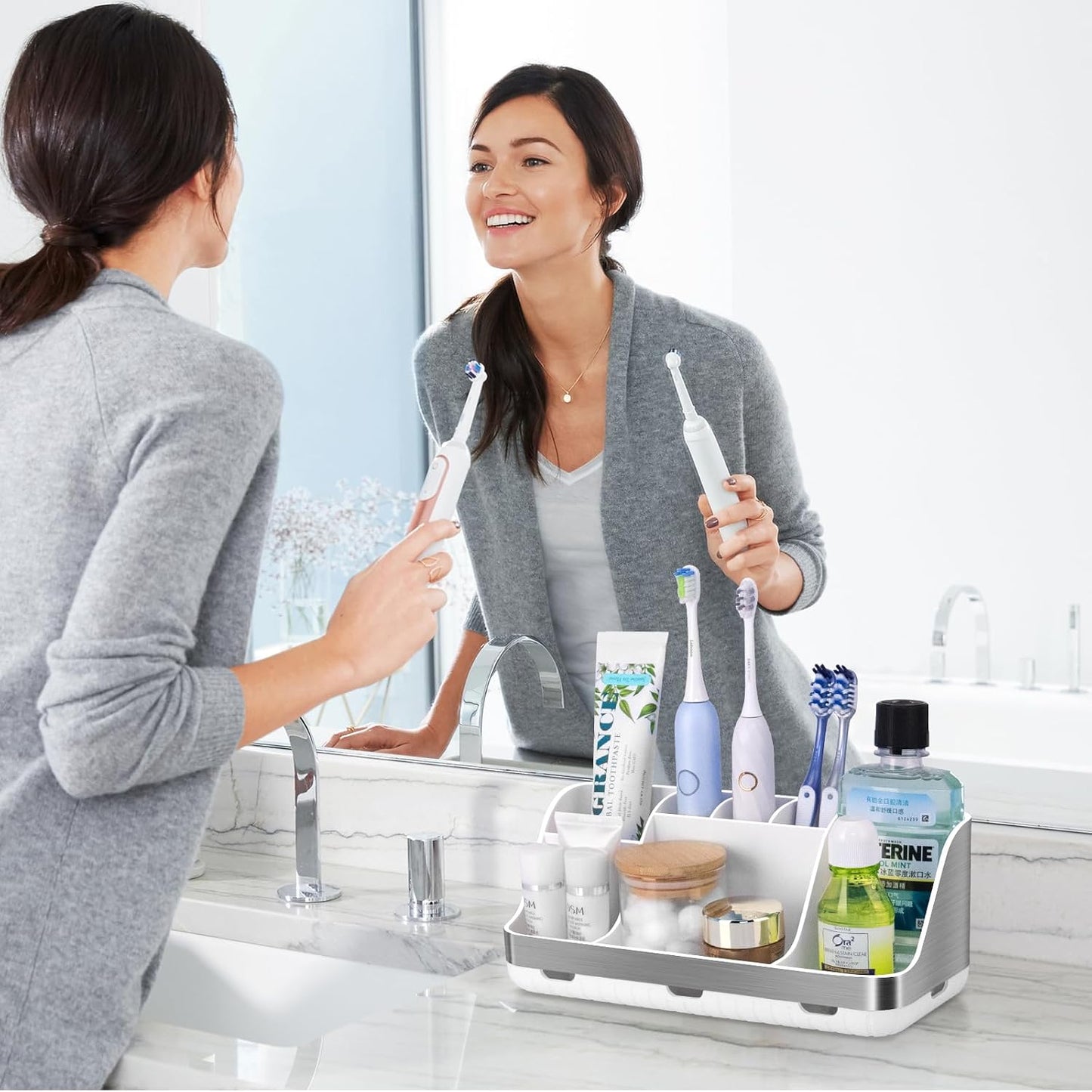 GFWARE Black Toothbrush Holder - 7 Slots Bathroom Organizer Countertop with Drainage Matte Black Electric Toothbrush and Toothpaste Holder for Bathroom Accessories Sink Storage