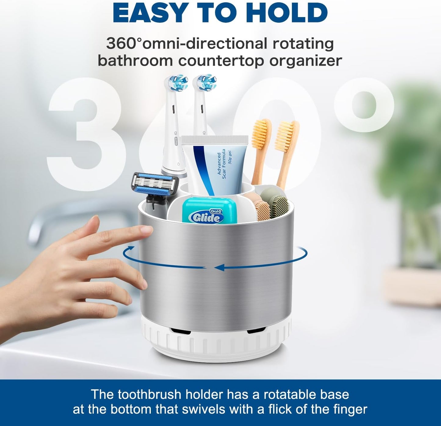 GFWARE Rotating Silver Toothbrush Holder for Bathroom Organizer, Drainage | Detachable 6 Slots Kids Electric Toothbrush and Toothpaste Holder, Bathroom Countertop Sink Storage Caddy