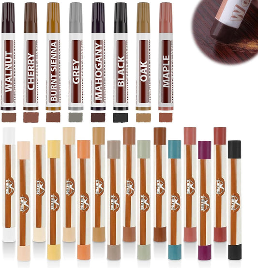 A-HEYIDA Wood Filler Putty Sticks -16 Colors Wax Crayons & 8 Furniture Marker Touch-Up Pens for Wood Floors & Cabinet Scratches, Cracks and Nail Holes - Laminate Floor Repair Kit
