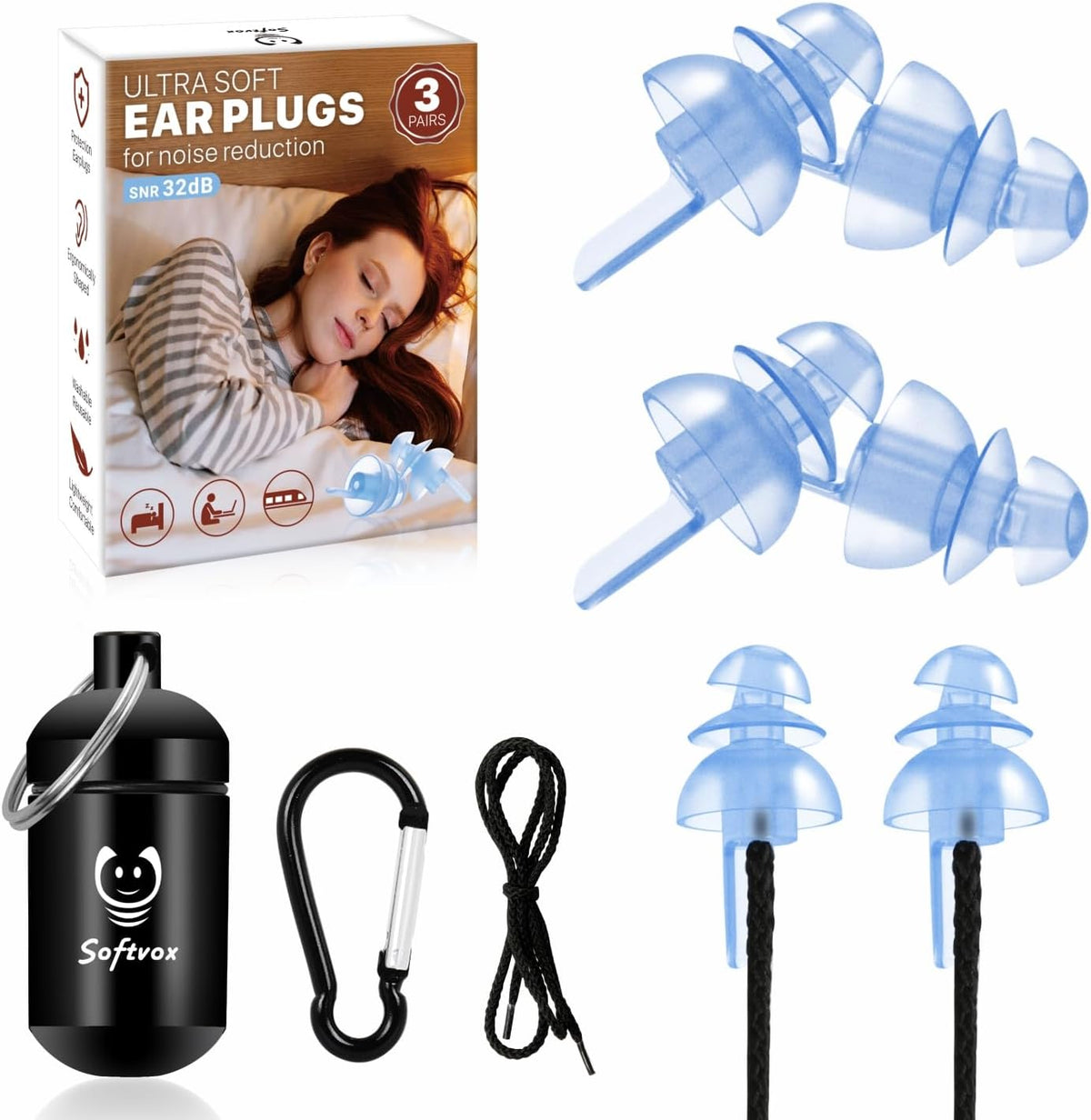 Ear Plugs for Sleeping 3 Pairs, Reusable Silicone Earplugs Sound Proof Noise Cancelling for Side Sleeper Study Travel Working Snoring Blocking -32dB Hearing Protection, with Cord & Case, Blue