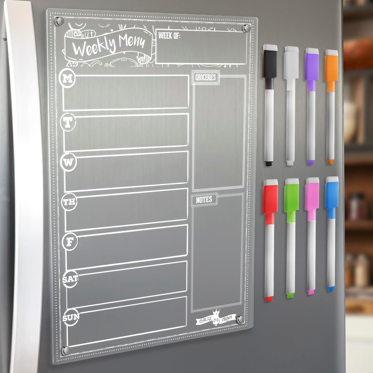 CHALKY CROWN Magnetic Dry Erase Menu Board - Black - 15.6" x 11.6" | Magnetic Weekly Meal Planner & Grocery List for Fridge - Includes 4 Liquid Chalk Markers - Easy to Write & Wipe Clean Design