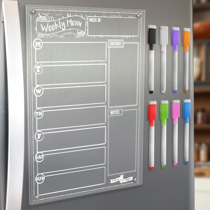 CHALKY CROWN Magnetic Dry Erase Menu Board - Black - 15.6" x 11.6" | Magnetic Weekly Meal Planner & Grocery List for Fridge - Includes 4 Liquid Chalk Markers - Easy to Write & Wipe Clean Design