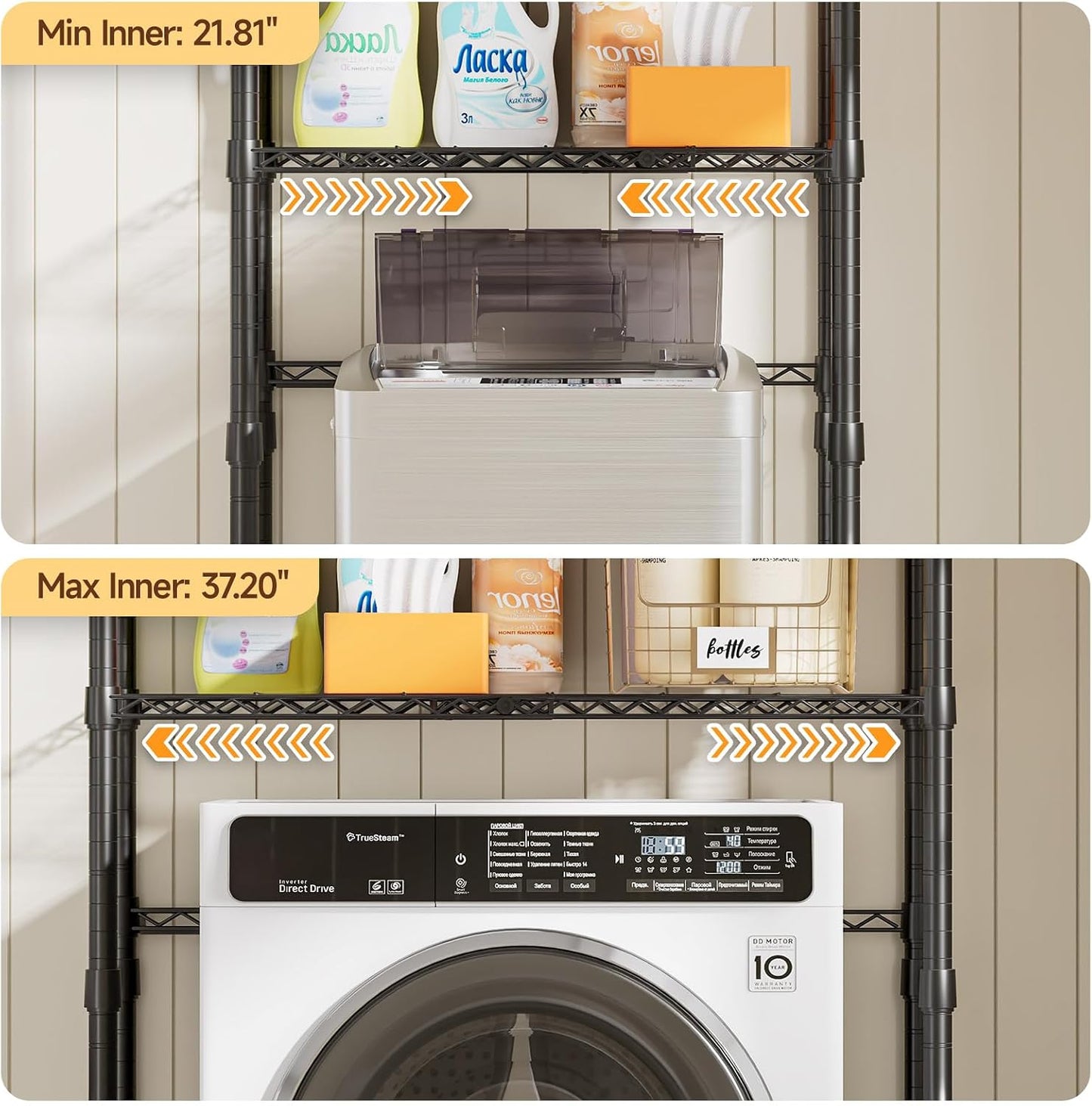 3 Tiers Expandable Over Washer and Dryer Shelves, White | Laundry Room Organization and Storage with Hanger Rod, 4 Hooks, Adjustable Height Metal Freestanding Clothes Drying Rack