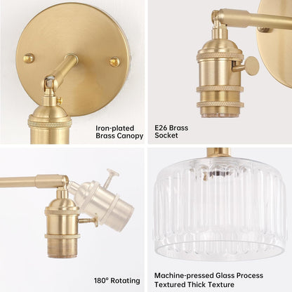 Shenmoyl Battery Operated Wall Sconce with Green Striped Shade Pattern Glass Adjustable Chain Retro Gold Wall Mounted Light, Modern Wall Lamp Fixtures Decor for Bedside Bedroom Indoor Doorway
