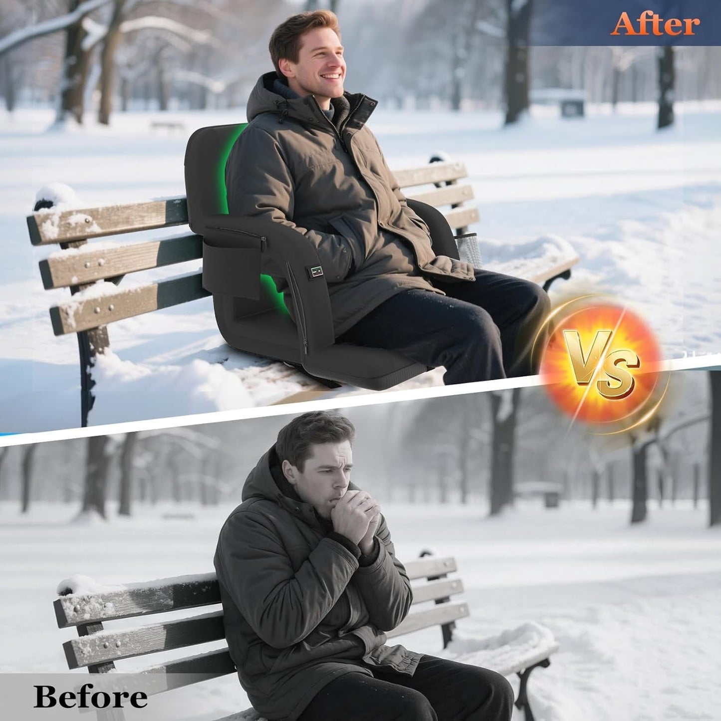 Seeutek Heated Stadium Seats for Bleachers with Back Support | 3 Level Heated Seat & Back (NO Battery), 6 Recline Positions, Soft Cushion, 5 Pockets, Foldable, Anti-Slip, Backpack Straps