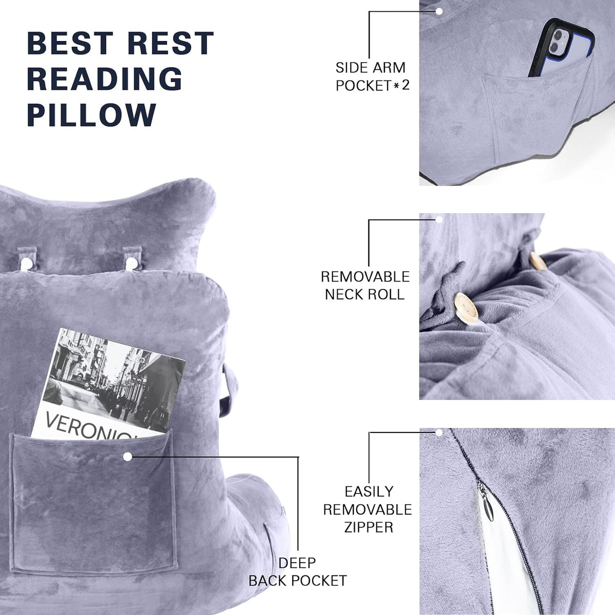 SLIGUY Reading Pillow-Bed Rest Pillow with Detachable Neck Roll & Support Arm for Sitting in Bed Couch or Floor-Backrest Reading Pillow Adult Back Pillow for Reading/Watching TV/Gaming,Dark Grey