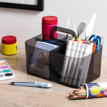 Multiuse Caddy Organizer with Handle, Portable Divided Plastic Tote Bin - Art Craft, Stationary Pen Marker Crayons, Makeup Hair Supplies Storage - Bathroom, Classroom, Dorm, Office, Desk Holder - Grey