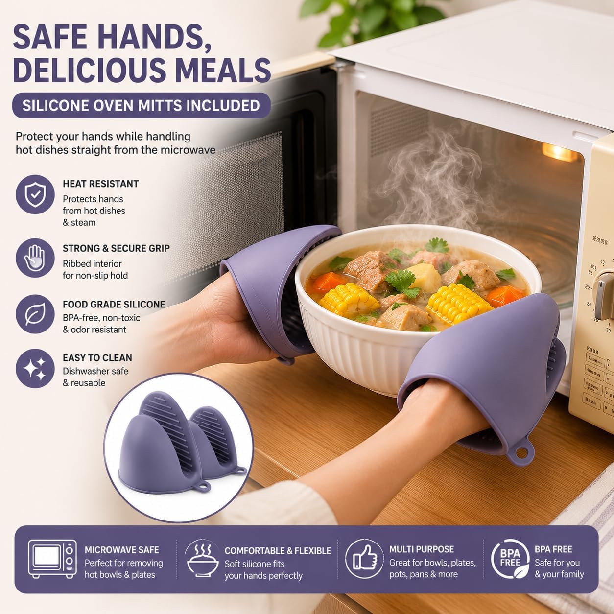 3-in-1 Collapsible Silicone Microwave Splatter Cover, BPA-Free Vented Microwave Cover for Food with 2 Mini Silicone Oven Mitts, Dishwasher Safe, Heat Resistant,Fits Plates Up to 10.5 Inches