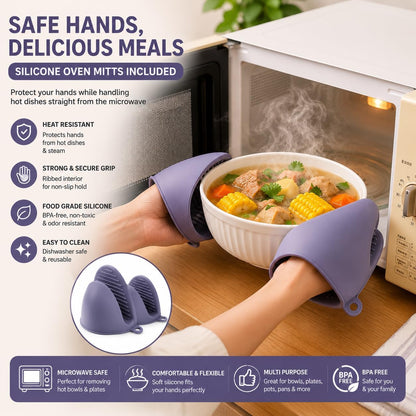 3-in-1 Collapsible Silicone Microwave Splatter Cover, BPA-Free Vented Microwave Cover for Food with 2 Mini Silicone Oven Mitts, Dishwasher Safe, Heat Resistant,Fits Plates Up to 10.5 Inches