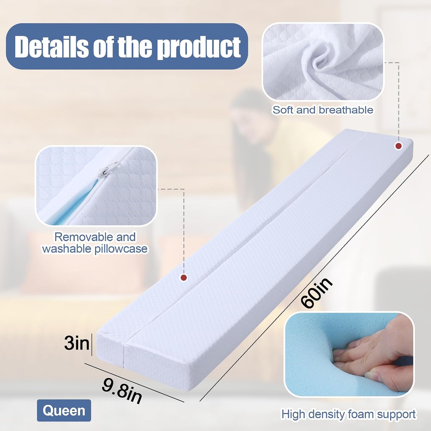 Flodable Pillow for Headboard Gap,Bed Gap Filler Queen Size,Adjustable Bed Wedge Pillow for Headboard,Rectangular Bed Gap Filler,Foam Mattress Gap Filler(Gray,Queen)