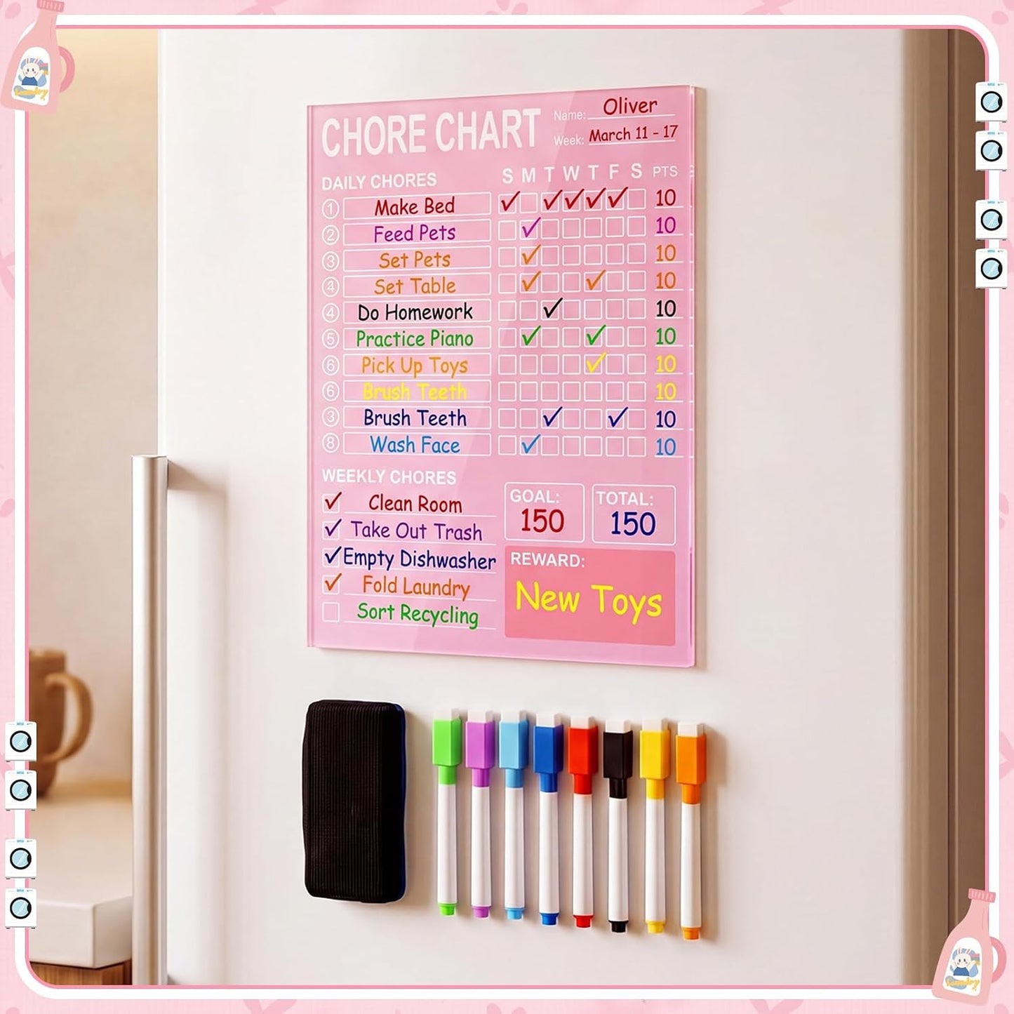 Eaasty Acrylic Magnetic Chore Chart Dry Erase Acrylic Board 8.66" x 11.8" Daily Chore Planner to Do List Reward Responsibility Chart with Magnetic Markers and Board Eraser for Home Refrigerator (Blue)