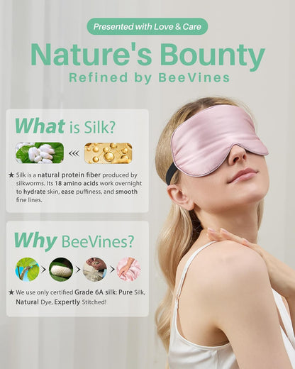BeeVines 100% Real Mulberry Silk 2 Pack Sleep Mask, Natural Pure Silk Eye Masks with Adjustable Strap for Sleeping, Block Light Eye Sleep Shade Cover, Reduces Puffy Eyes Traveling Gifts