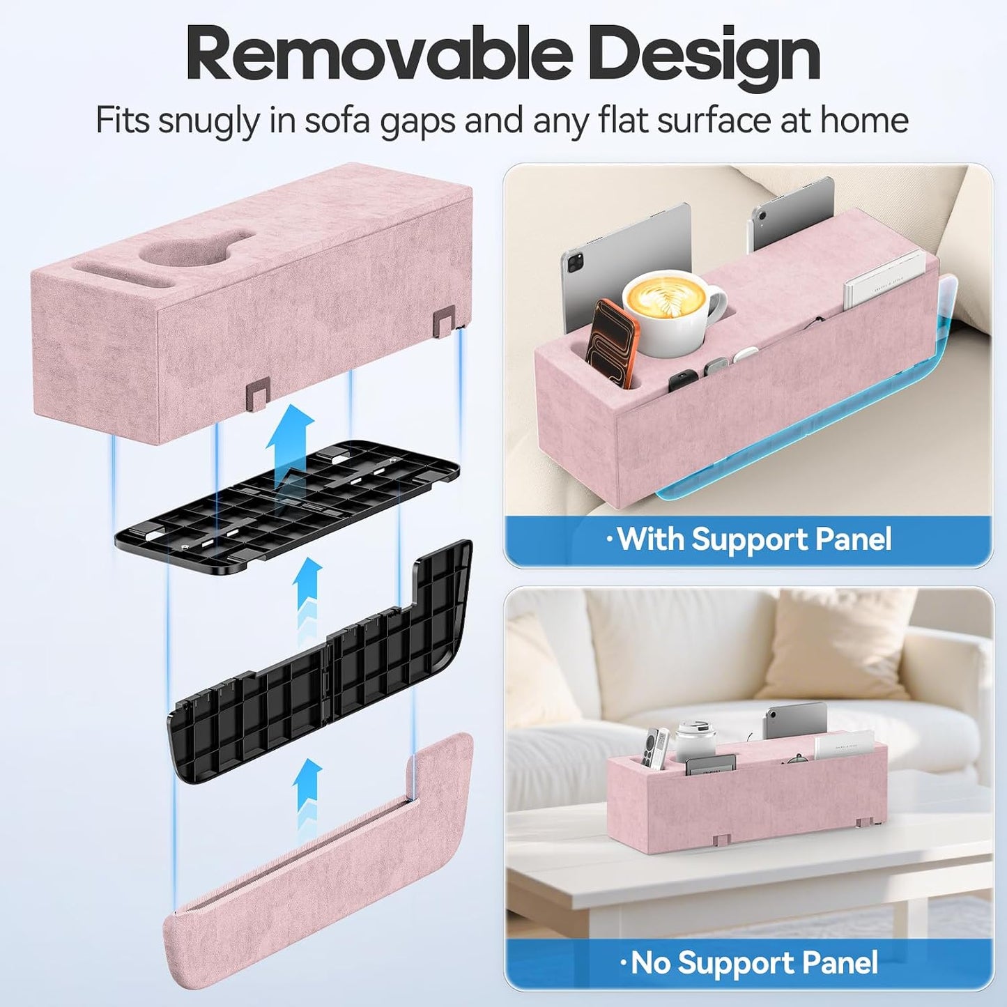Removable Sofa Armrest Couch Caddy with Cup Holder Insert Between Cushions | Sofa Accessories Storage, Couch Armrest Pillow Table with Drink Holder