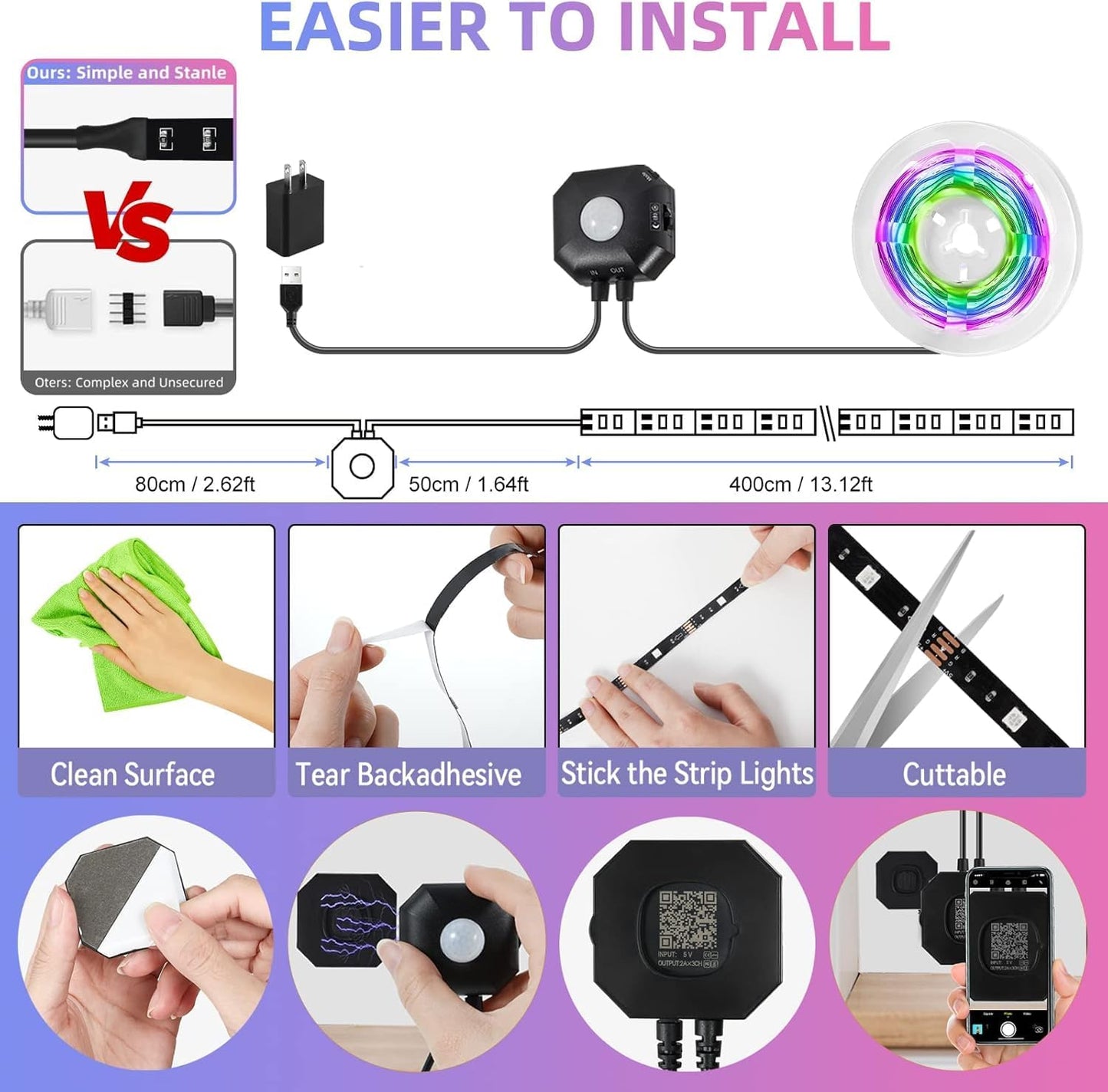 Motion Sensor Under Bed Lights,2x13.12Ft RGB LED Strip with RF Remote & APP | 5V Music Sync Color Changing LED Lights with Constant On,Motion Activated,Light Sensing 3 Modes for Bed Stair