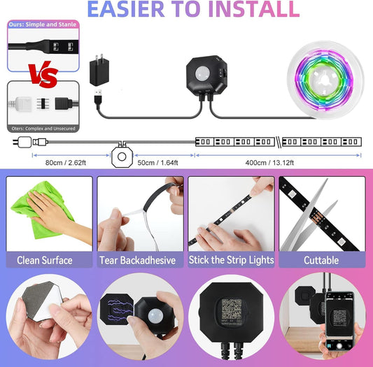 Motion Sensor Under Bed Lights,2x13.12Ft RGB LED Strip with RF Remote & APP