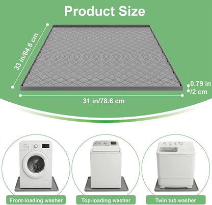 33 x 31 Inch Washing Machine Drain Pan, Silicone Washer Pan, Grey | 2cm Raised Waterproof Edge, Washer and Dryer Mat for Floor Protection, Fits Standard & Large Washers Up to 5.0 Cu.Ft.