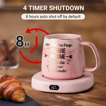 Coffee Mug Warmer & You are Awesome Mug Set, Electric Cup Warmer for Desk | Beverage Warmer Plate for Coffee, Tea, 4 Temperature Setting, 8-Hours Auto Shut Off, 14oz Mug with Spoon & Lid Included