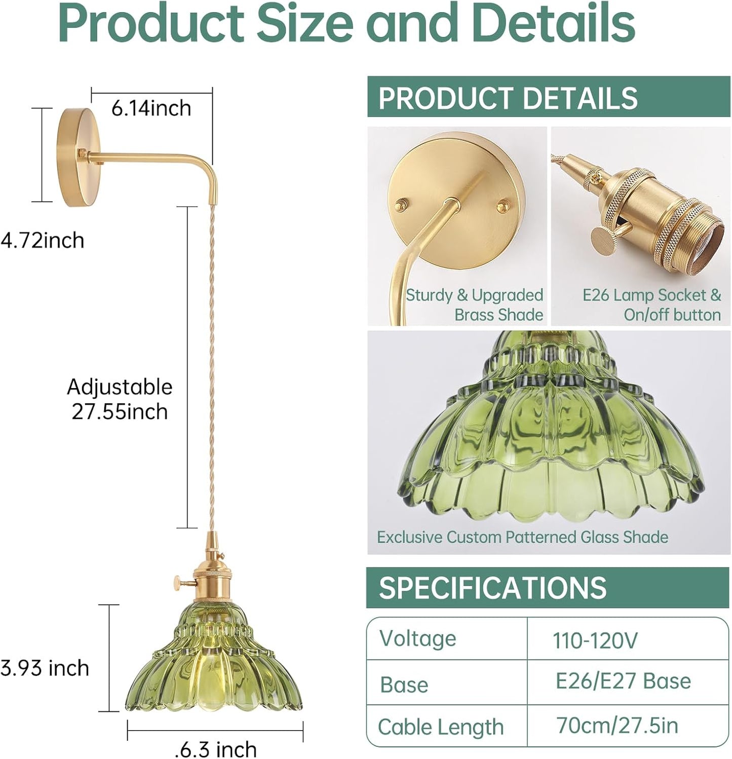 Shenmoyl Battery Operated Wall Sconce Wall Lamp with Green Lily of the Valley Shade Pattern Glass Adjustable Chain Retro Gold Wall Mounted Light, Modern Wall Lamp Fixtures Decor for Bedside Bedroom