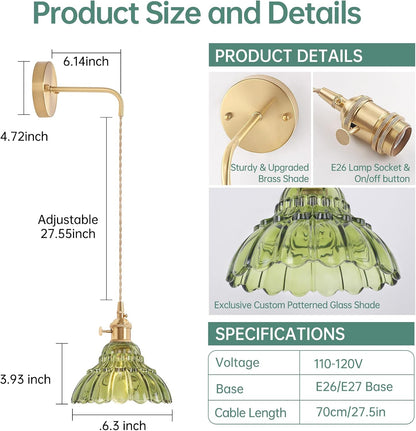 Shenmoyl Battery Operated Wall Sconce Wall Lamp with Green Lily of the Valley Shade Pattern Glass Adjustable Chain Retro Gold Wall Mounted Light, Modern Wall Lamp Fixtures Decor for Bedside Bedroom