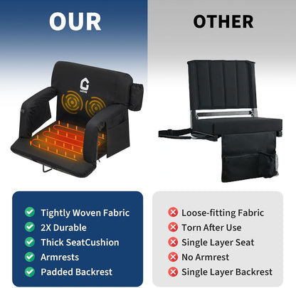 25Inch Massage & Heated Stadium Seats with Back Support and Padded Cushion - 3 Level Heating & Massage Extra Wide Bleacher Chair with Anti-Slip Mat - Football Seats, 6 Adjustable Angle, Pockets