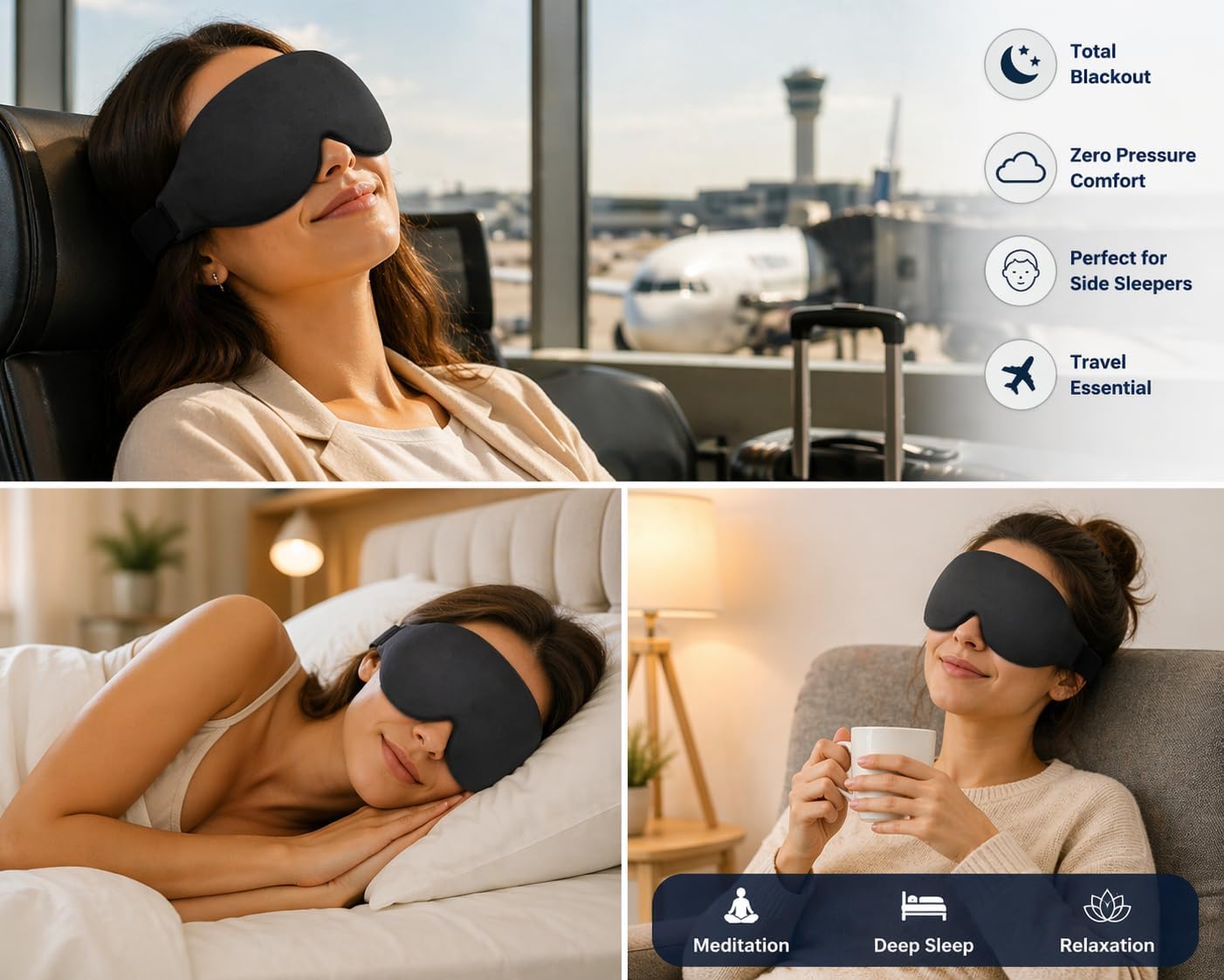 3D Sleep Mask for Side Sleepers, Blackout Eye Mask for Sleeping Women & Men, Zero Pressure Eye Cups, CPAP Friendly, Soft Adjustable Light Blocking Mask (Black)