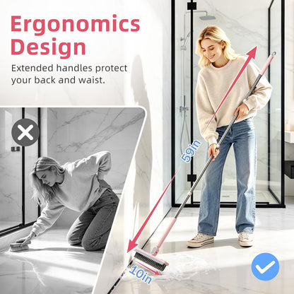 Floor Scrub Brush with Long Handle,Squeegee, Grout Brush | V-Shaped Stiff Bristles, For Tile Line, Bathroom, Crevice, Deck, Swimming Pool, Kitchen, Garage, Yard