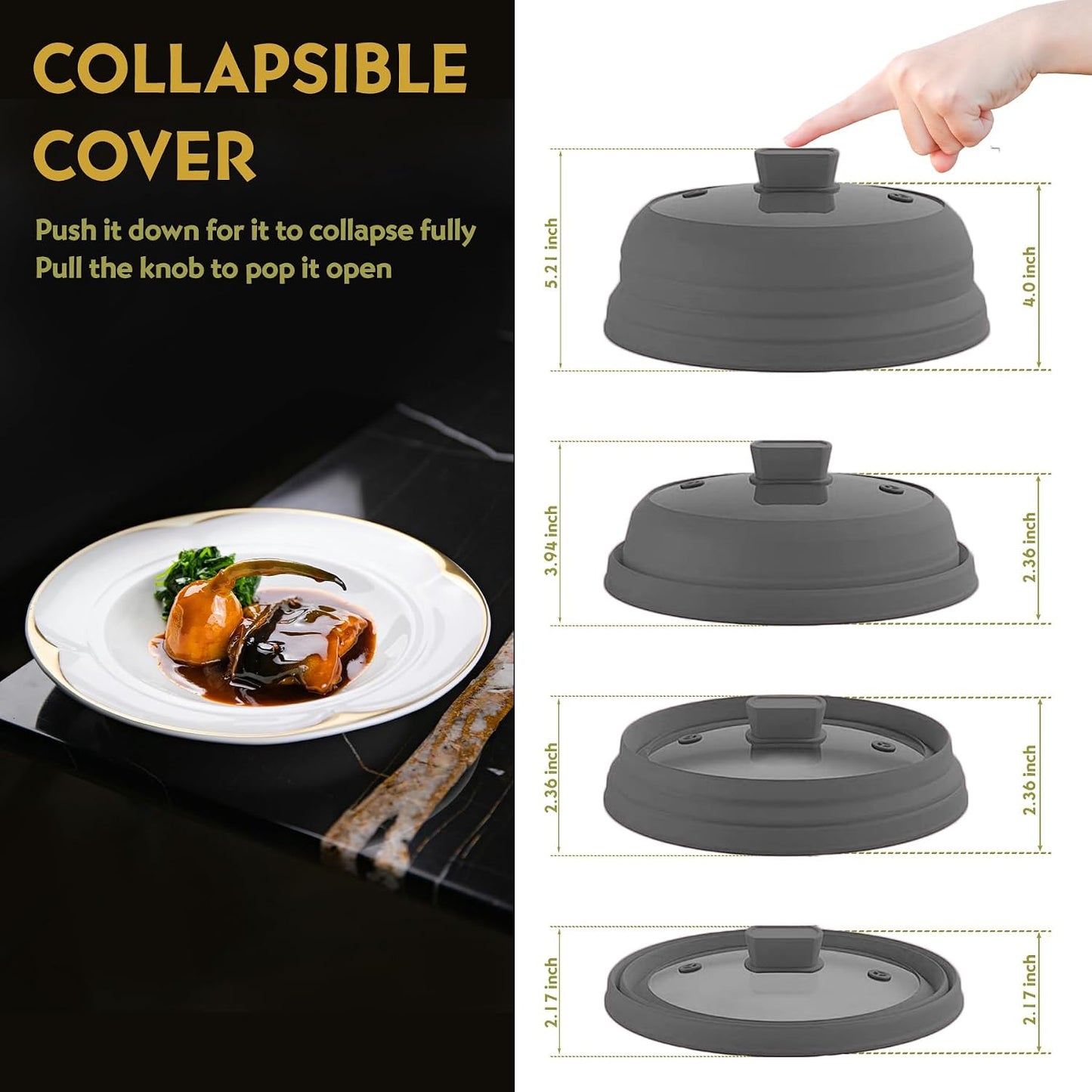 Collapsible Microwave Splatter Cover, Glass Silicone Foldable Microwave Lid for Food, 10.8 Inch Grease Splatter Guard for Pots, Pans & Bowls, Black
