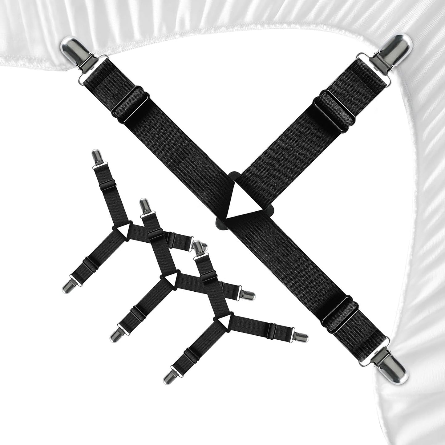 FeelAtHome Adjustable Bed Sheet Clips & Corner Fasteners, 4 Pack, White | Heavy Duty Elastic Straps Keep Fitted Sheets Securely in Place. Ideal Corner Holders for Twin, Queen, King, RV & Bunk Beds