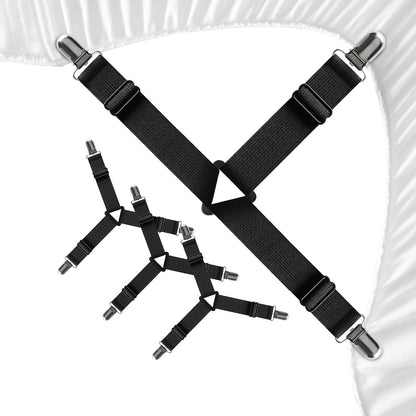 FeelAtHome Adjustable Bed Sheet Clips & Corner Fasteners, 4 Pack, White | Heavy Duty Elastic Straps Keep Fitted Sheets Securely in Place. Ideal Corner Holders for Twin, Queen, King, RV & Bunk Beds