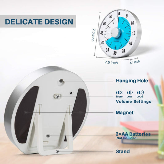 Secura 7.5-Inch Oversize Visual Countdown Timer, 60-Minute Kitchen Timer | Time Management Tool for Kids, Teachers and Adults (Blue)