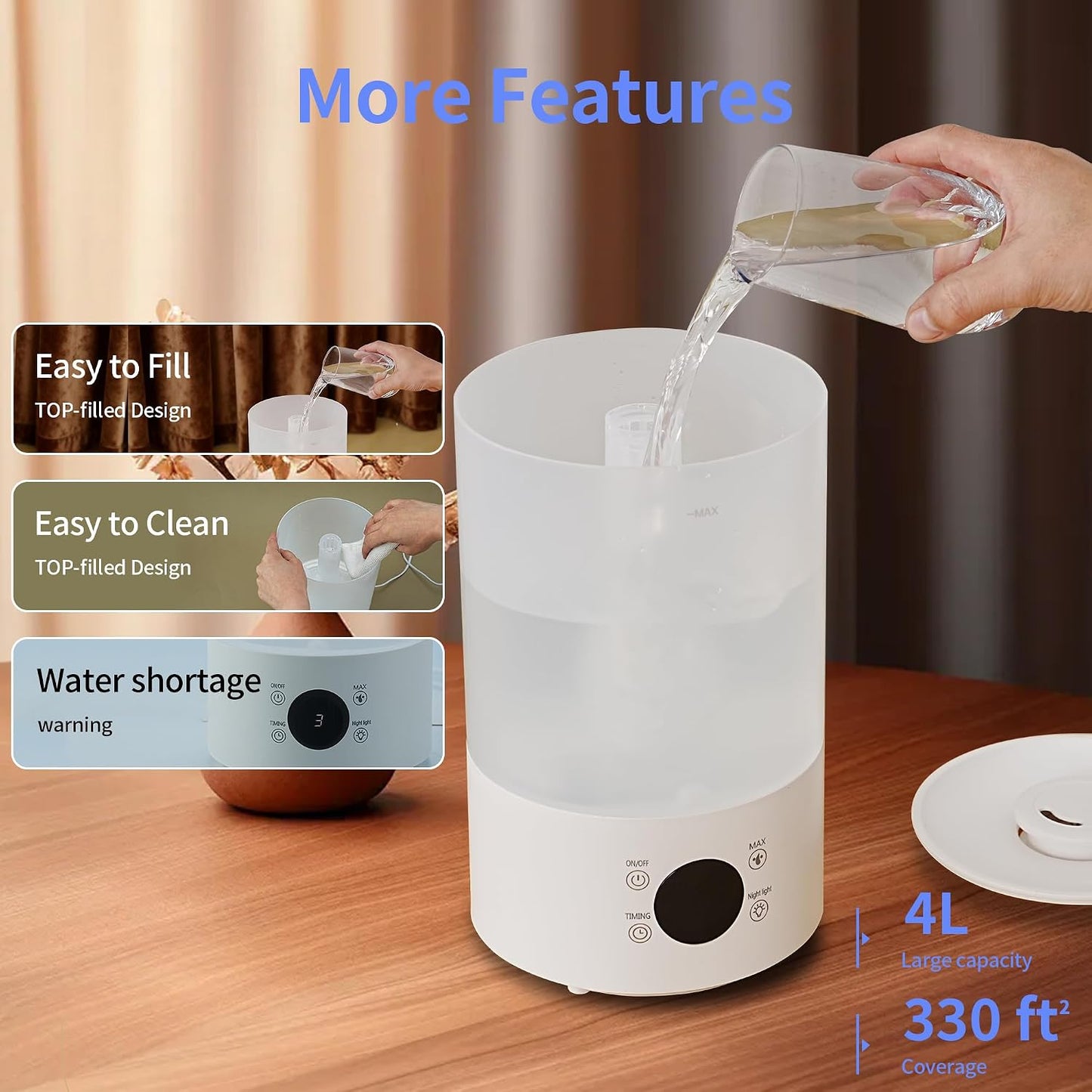 Top Fill Humidifiers for Bedroom, 4.0L Tank Cool Mist Humidifiers for Large Room, 40H Runtime, Plants with 9H Timer, Auto Shut-Off,Quiet Ultrasonic Humidifier with 360° Nozzle for Baby Nursery