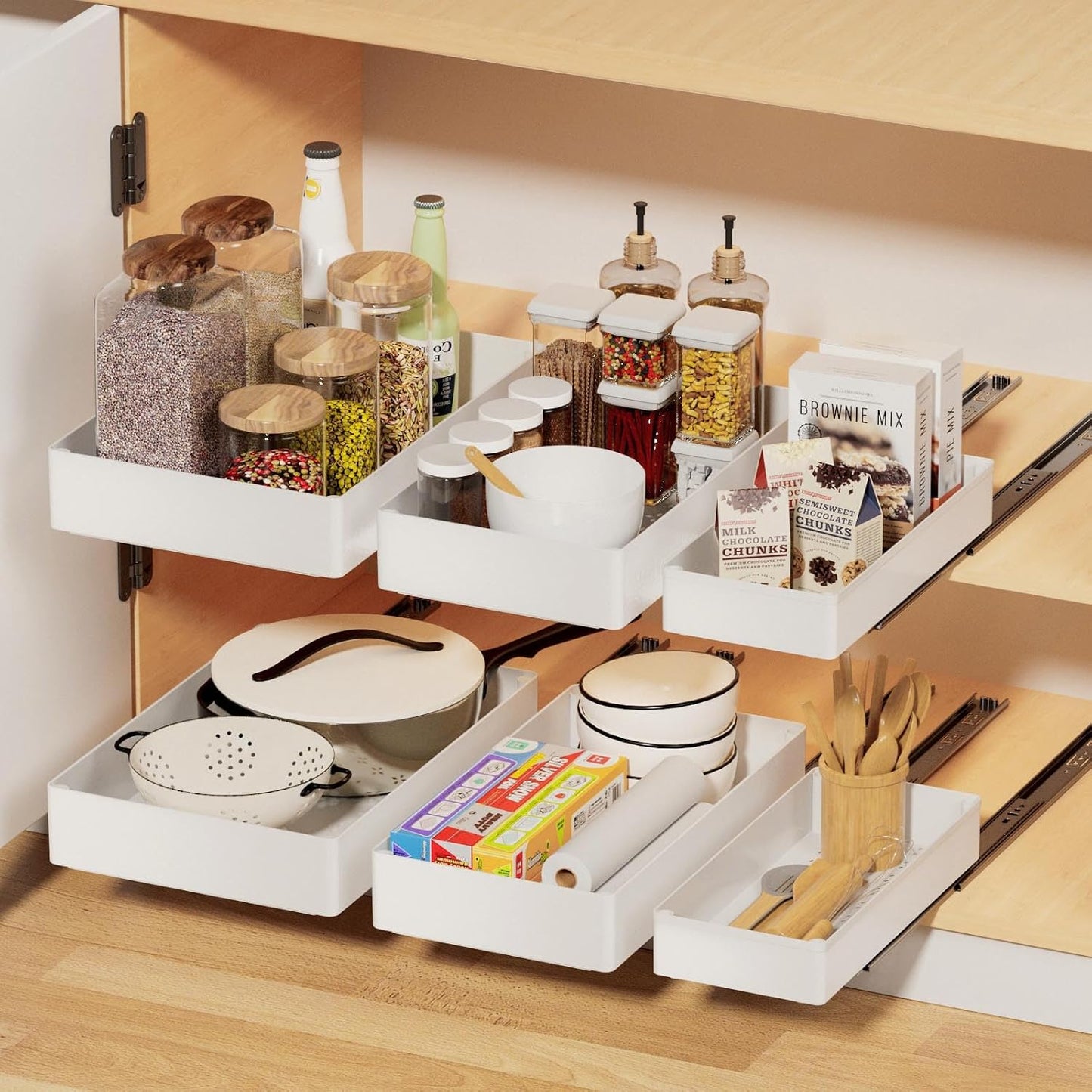 3 Pack Pull Out Drawers for Cabinets with Metal Slides, Easy to Install Cabinet Roll Out Shelves, Smooth Slide Out Drawers for Kitchen Cabinets with Nano Adhesive