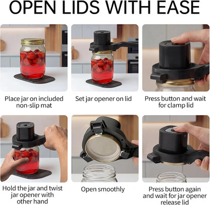 Electric Jar Opener for Seniors with Arthritis, TFCC & Weak Hands Black | Patented Power-Grip Auto-Tighten Manual Lid Opener, Rechargeable 2-in-1 Jar & Bottle Opener with Storage Hook & Non-Slip Pad