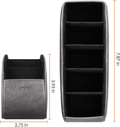 SITHON Remote Control Holder with 5 Compartments | PU Leather Remote Caddy Desktop Organizer Store TV, DVD, Blu-Ray, Media Player, Heater Controllers, Stripe Black