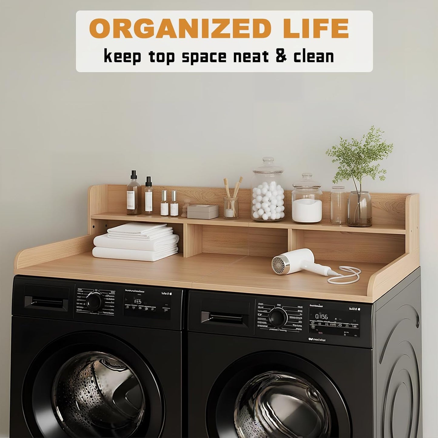Washer Dryer Countertop with Shelf, 2-Tier Laundry Countertop Over Washer and Dryer, 54" x 27.55" Wooden Table for Folding Clothes for Laundry Room Organization and Storage (Oak)