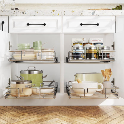 LOVMOR 2 Tier Individual Pull Out Cabinet Organizer 11" W x 18" D, Slide Out Kitchen Cabinet Storage Sliding Shelves
