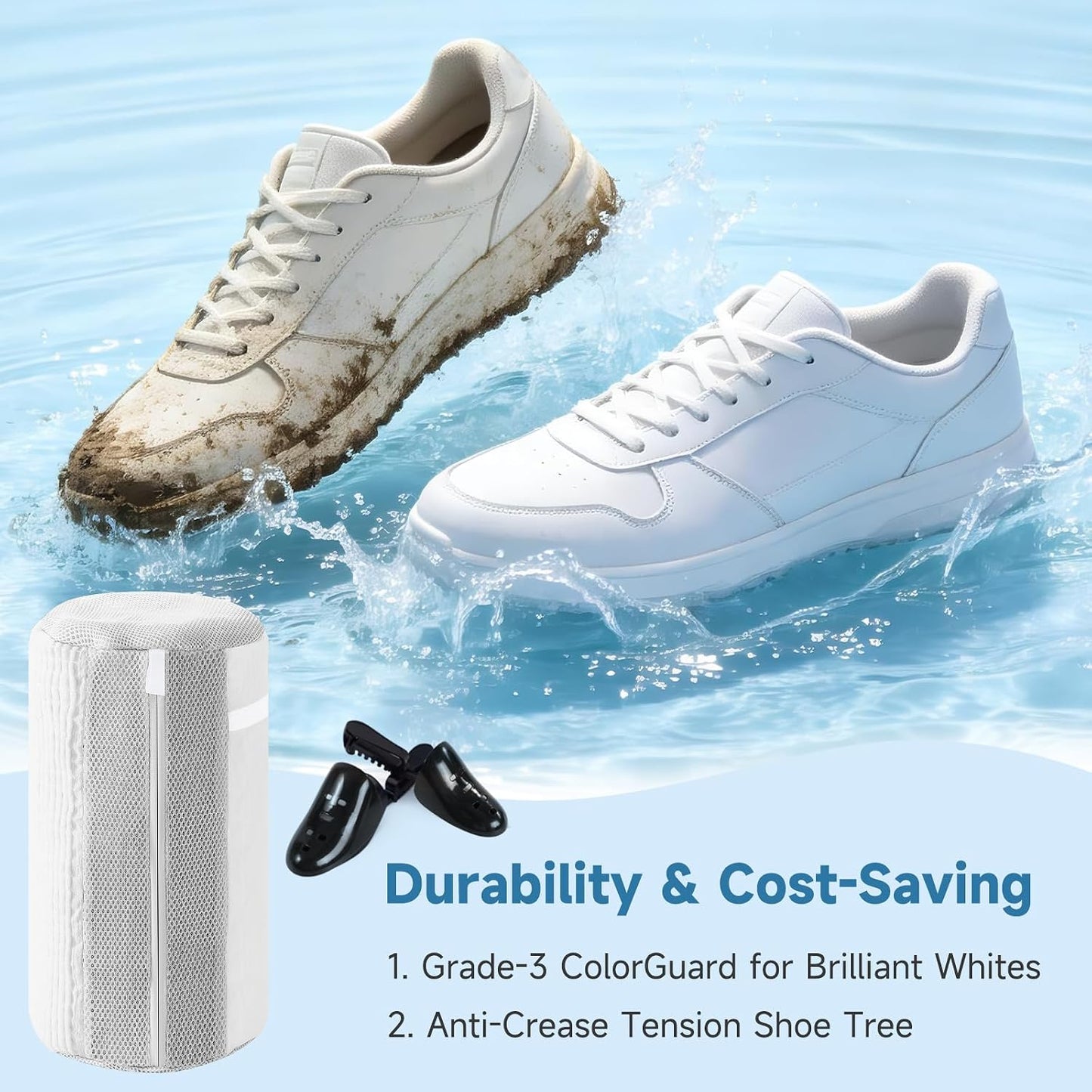 2PCS XXL Shoe Washing Machine Bag with Adjustable Shoes Trees - Heavy Duty Reusable Shoe Laundry Bag for Washer and Dryer - 360° Deep Clean & Protect Chenille Microfiber Sneakers Wash Bags - White